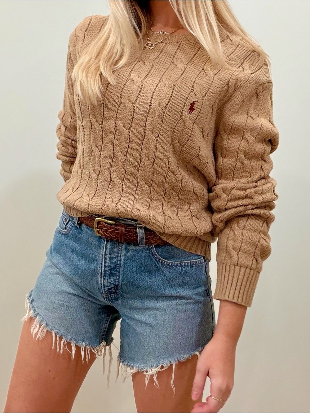 Polo Ralph Lauren Cable Knit Crewneck Sweater in Camel Brown/Burgundy